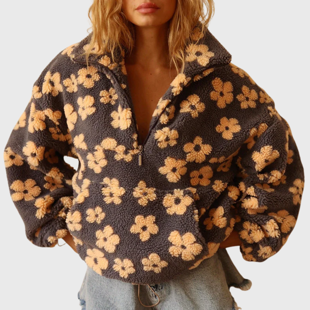 Clara | Meleg, virágmintás, fél magas nyakú fleece pulóver